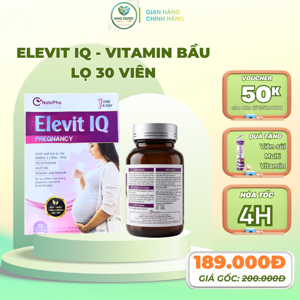 Elevit IQ Vitamin bầu, Viên uống tổng hợp cho bà bầu lọ 30v bổ sung vitamin khoáng chất cải thiện th