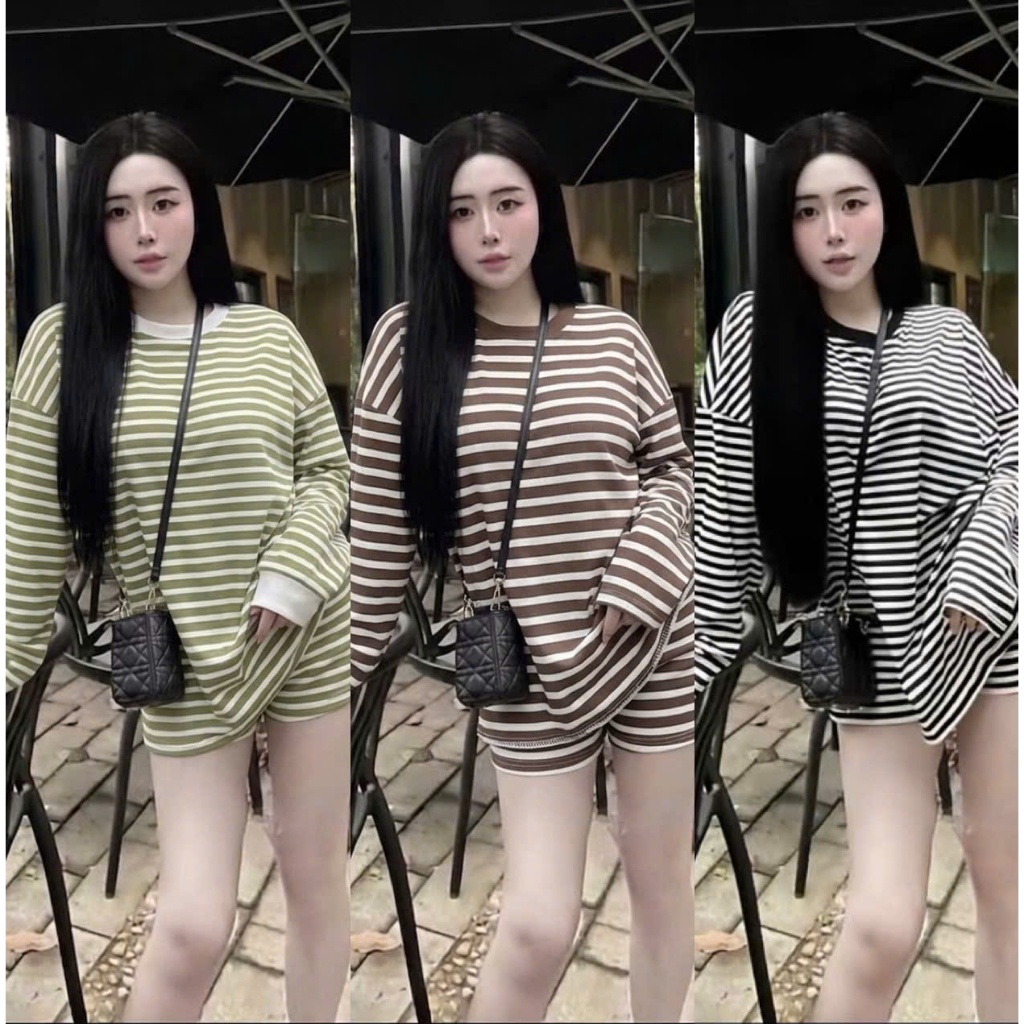 Set Bộ Nữ Hottrend ÁO THUN TAY DÀI SỌC NGANG Phối Quần Đùi Phong Cách Cá Tính Hiện Đại Bigsize 45-85kg | BigBuy360 - bigbuy360.vn