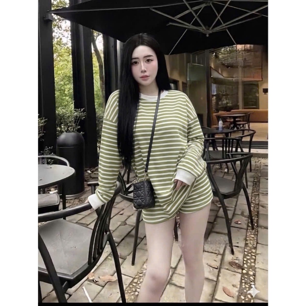 Set Bộ Nữ Hottrend ÁO THUN TAY DÀI SỌC NGANG Phối Quần Đùi Phong Cách Cá Tính Hiện Đại Bigsize 45-85kg | BigBuy360 - bigbuy360.vn
