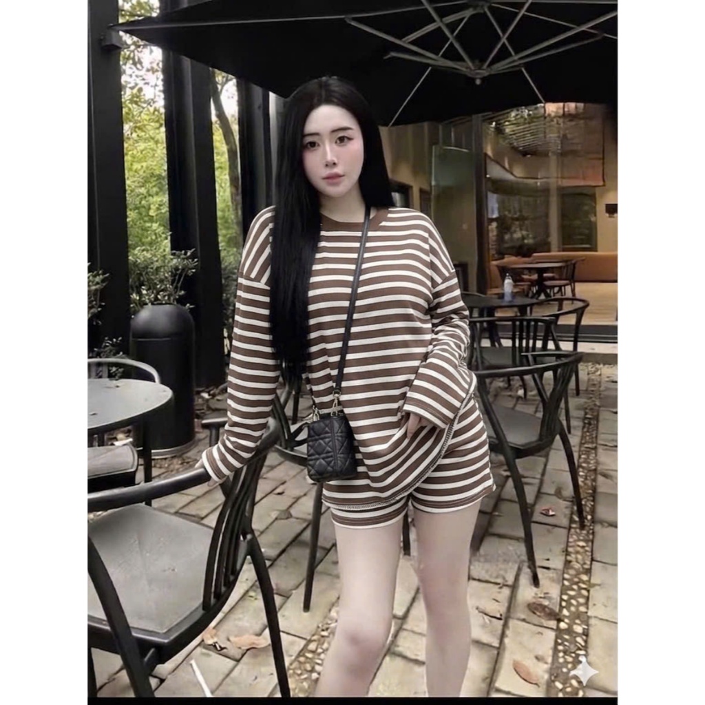 Set Bộ Nữ Hottrend ÁO THUN TAY DÀI SỌC NGANG Phối Quần Đùi Phong Cách Cá Tính Hiện Đại Bigsize 45-85kg | BigBuy360 - bigbuy360.vn