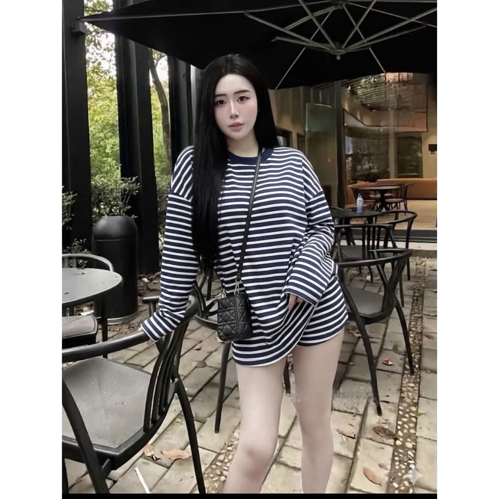 Set Bộ Nữ Hottrend ÁO THUN TAY DÀI SỌC NGANG Phối Quần Đùi Phong Cách Cá Tính Hiện Đại Bigsize 45-85kg | BigBuy360 - bigbuy360.vn