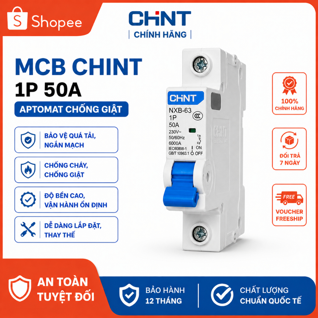 MCB CHINT 1P 50A NXB-63 Chính Hãng | Aptomat Chống Quá Tải Ngắn Mạch | CB Điện 50A Gia Đình