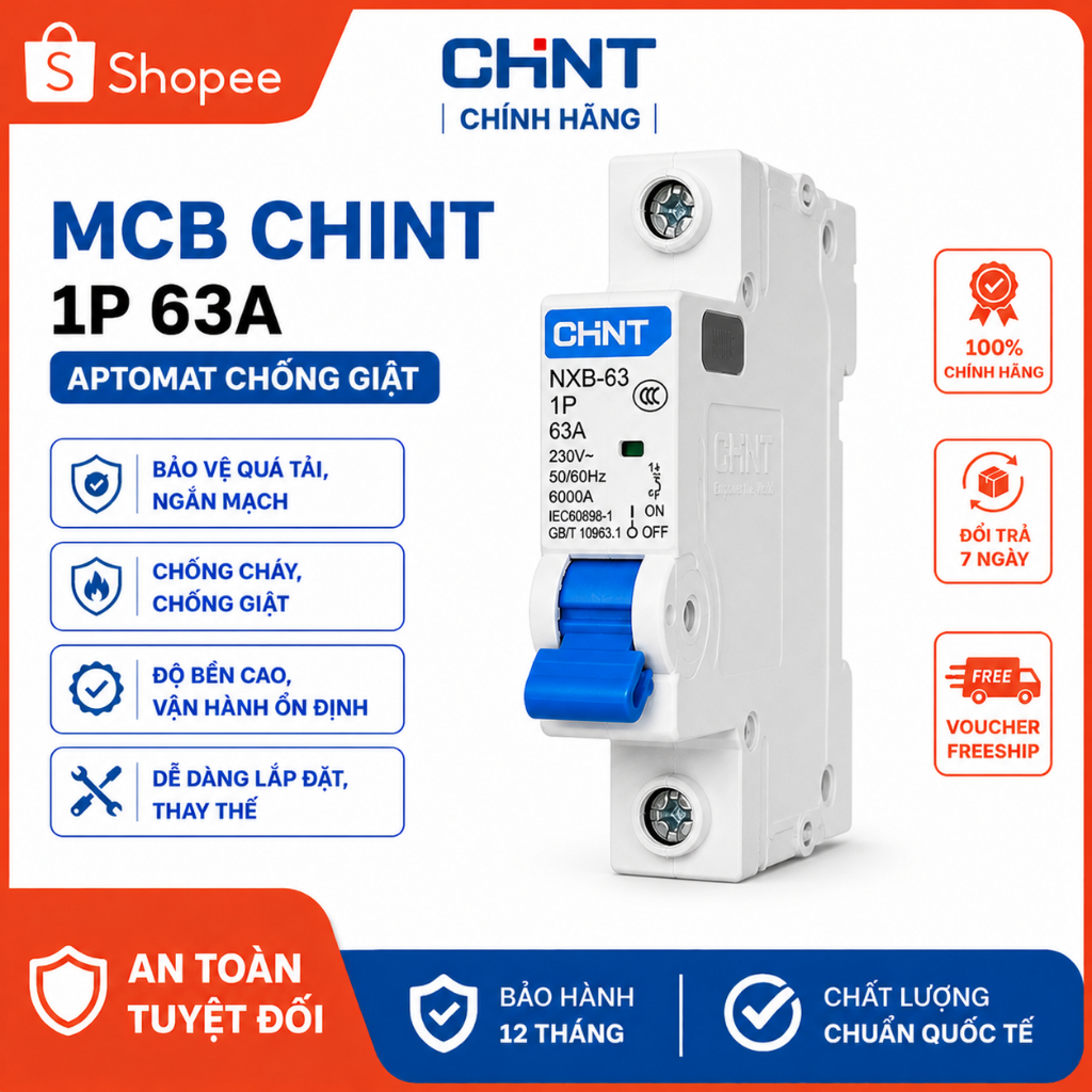 MCB CHINT 1P 63A NXB-63 Chính Hãng | Aptomat Dòng Cao 63A Chống Quá Tải Ngắn Mạch | CB Điện Tải Lớn