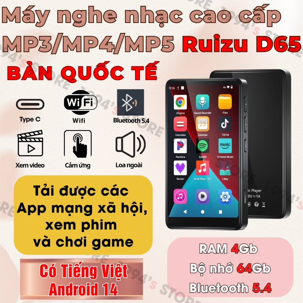 Ruizu D65 Máy Nghe Nhạc Android 14 Bluetooth MP3/MP4/MP5 - Có Tiếng Việt - WiFi, Bluetooth