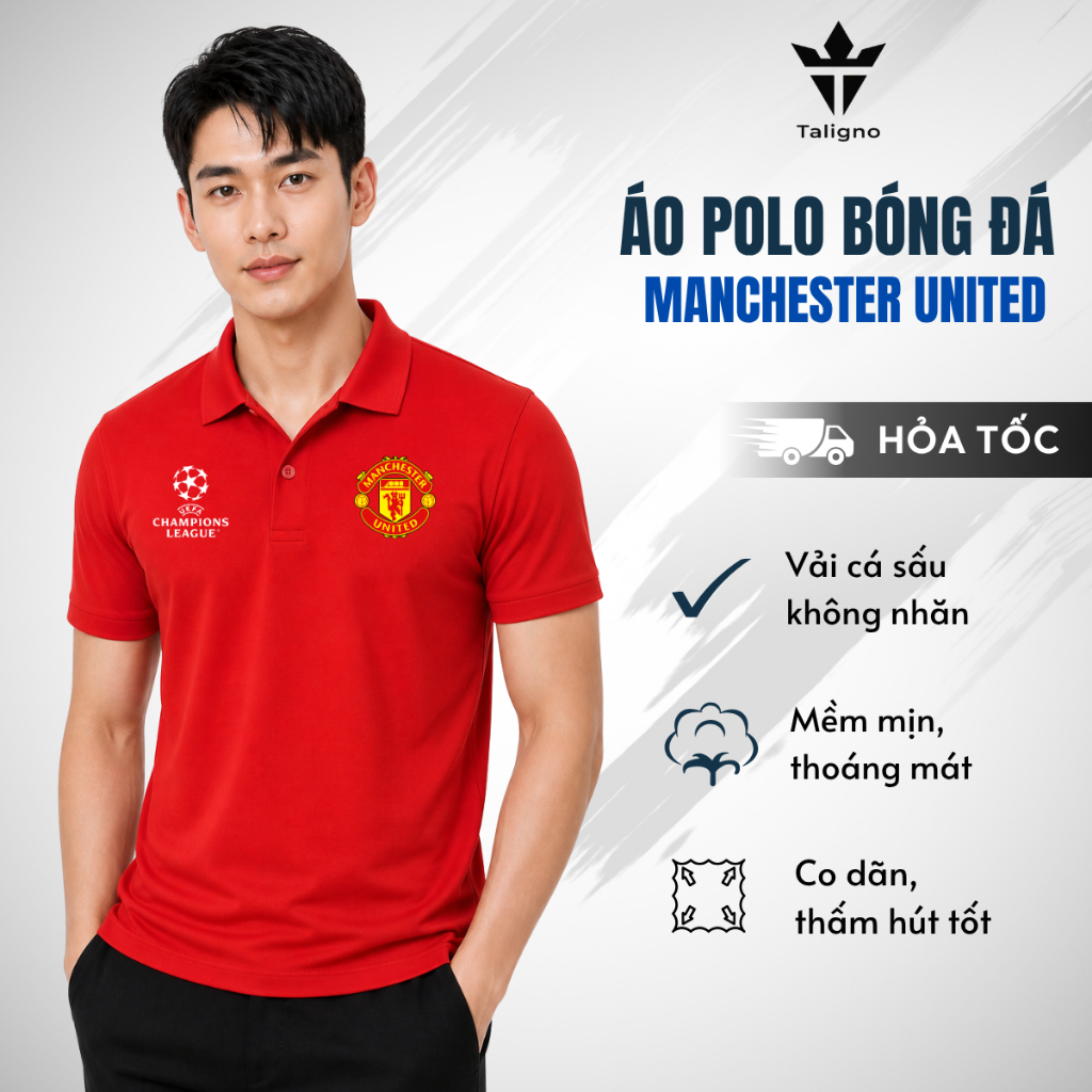 Áo polo câu lạc bộ Manchester United unisex, áo thun bóng đá thể thao vải cá sấu co giãn thấm hút