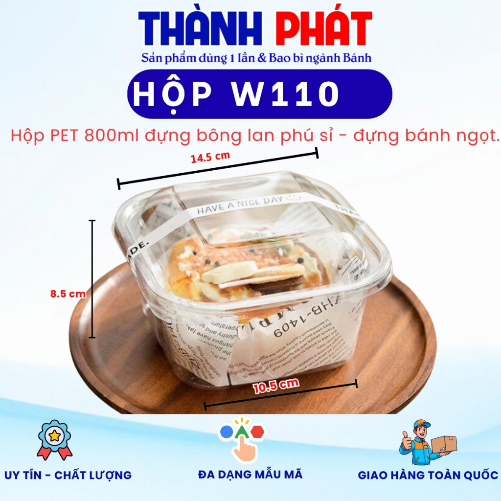 [W110] Hộp Nhựa Đựng Bánh Vuông Nắp Rời W110- Bao Bì Đựng Bánh Mousse, Bánh Ngọt, Tráng Miệng- Trong