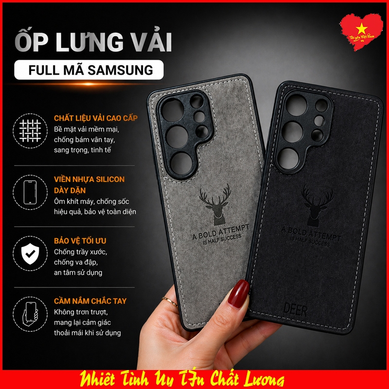 Ốp lưng vải Samsung S25, Samsung S25+, Samsung S25 Ultra, Samsung S25 Edge  Viền dẻo lưng Vải ôm khí