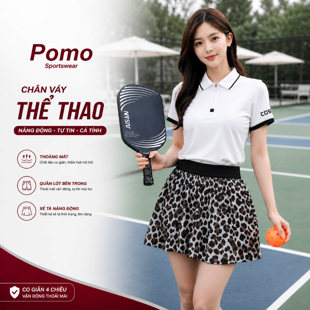 Chân váy pickleball nữ Pomo sport CV57, chân váy hoạ tiết chất von tập pickleball, tennis, aerobic