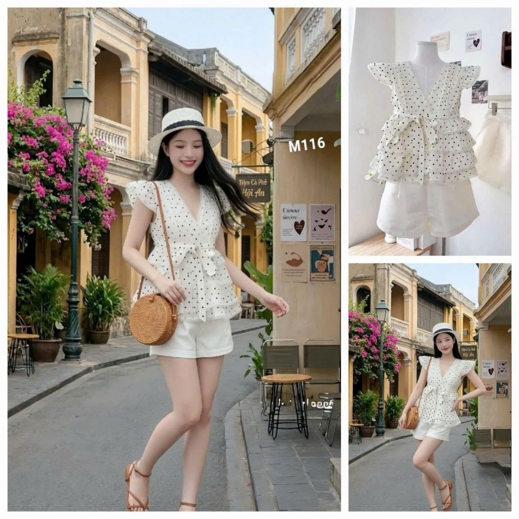Set áo lụa chấm bi quần ngắn M116