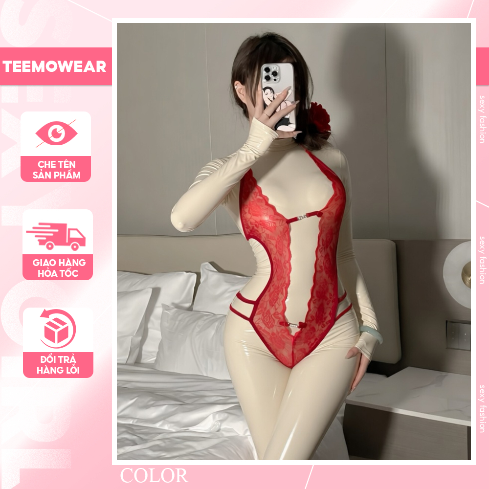 Bodysuit Ren Nữ Gợi Cảm JS57 Halter Neck Lace Sexy Cut Out Đính Kim Loại - Đồ Lót Bodysuit Ren Lửng 