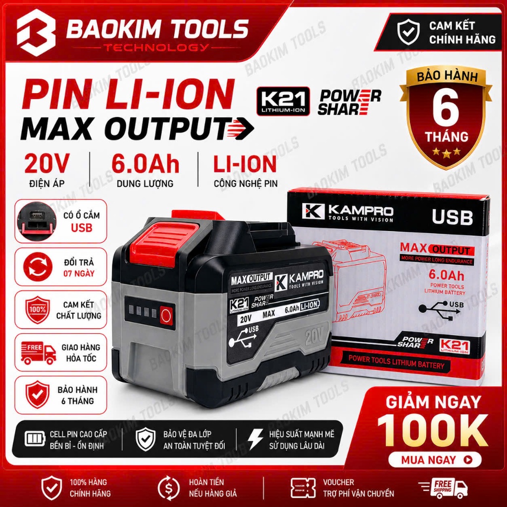 Pin KAMPRO ULTRA 15Cell 6.0Ah, Mạch 4 Mosfet, Bảng Mạch To Chống Ngắt Tải, Có Cổng Cắm USB Có Đèn Le