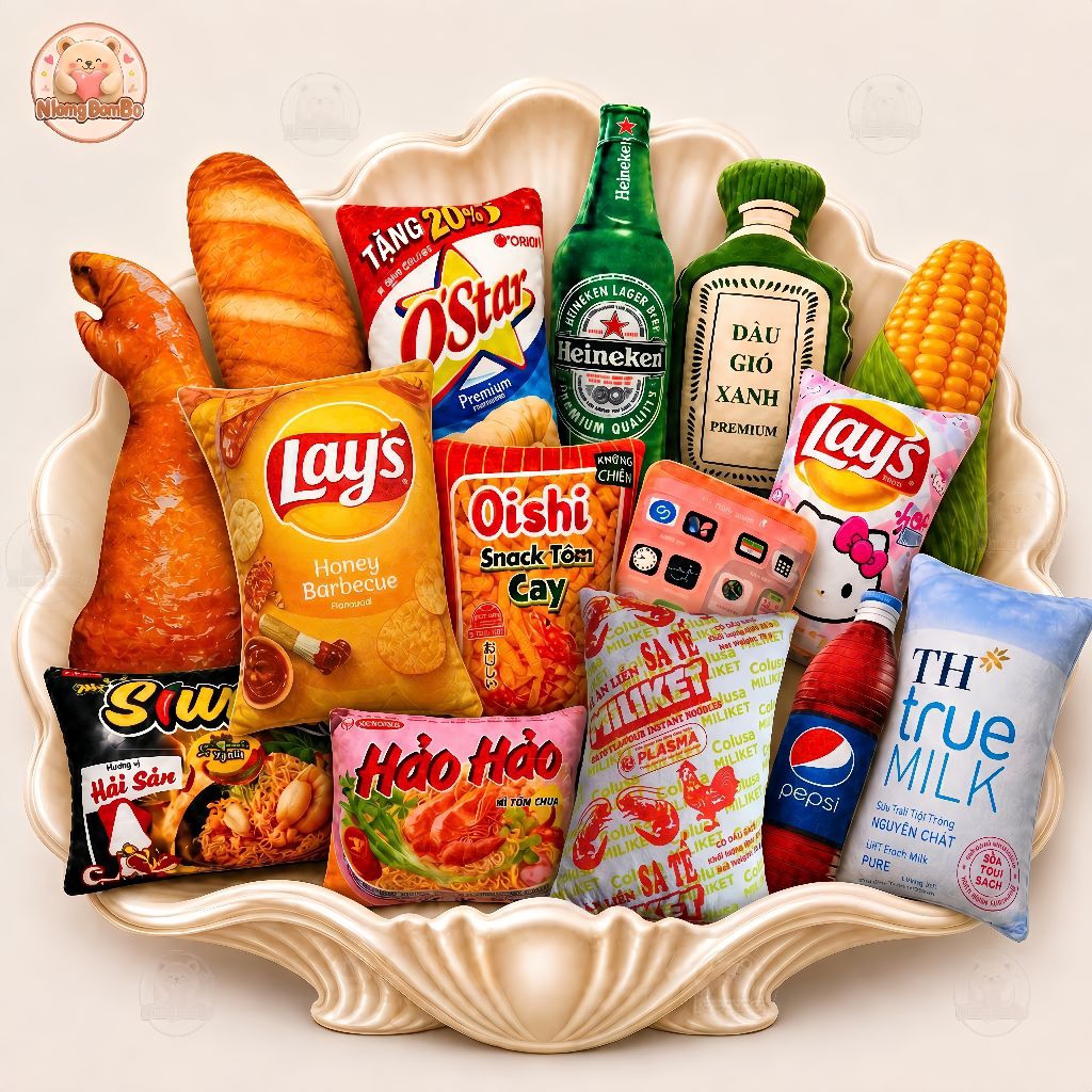 Gối in 3D ngộ nghĩnh cho bé, gấu bông bim bim, snack, mì gói, gấu bông 3D độc lạ làm quà tặng