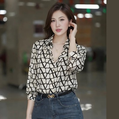 Áo sơ mi lụa thiết kế tay dài họa tiết sang trọng Callene (XK761)