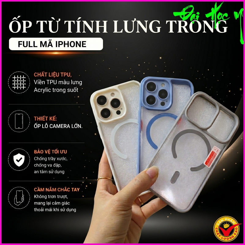 Ốp Lưng acrylic từ tính lỗ lớn IPHONE 16/ IP 16 Pro/ IP 16 Plus/ IP 16 E/ IP 16 ProMax.... lưng tron