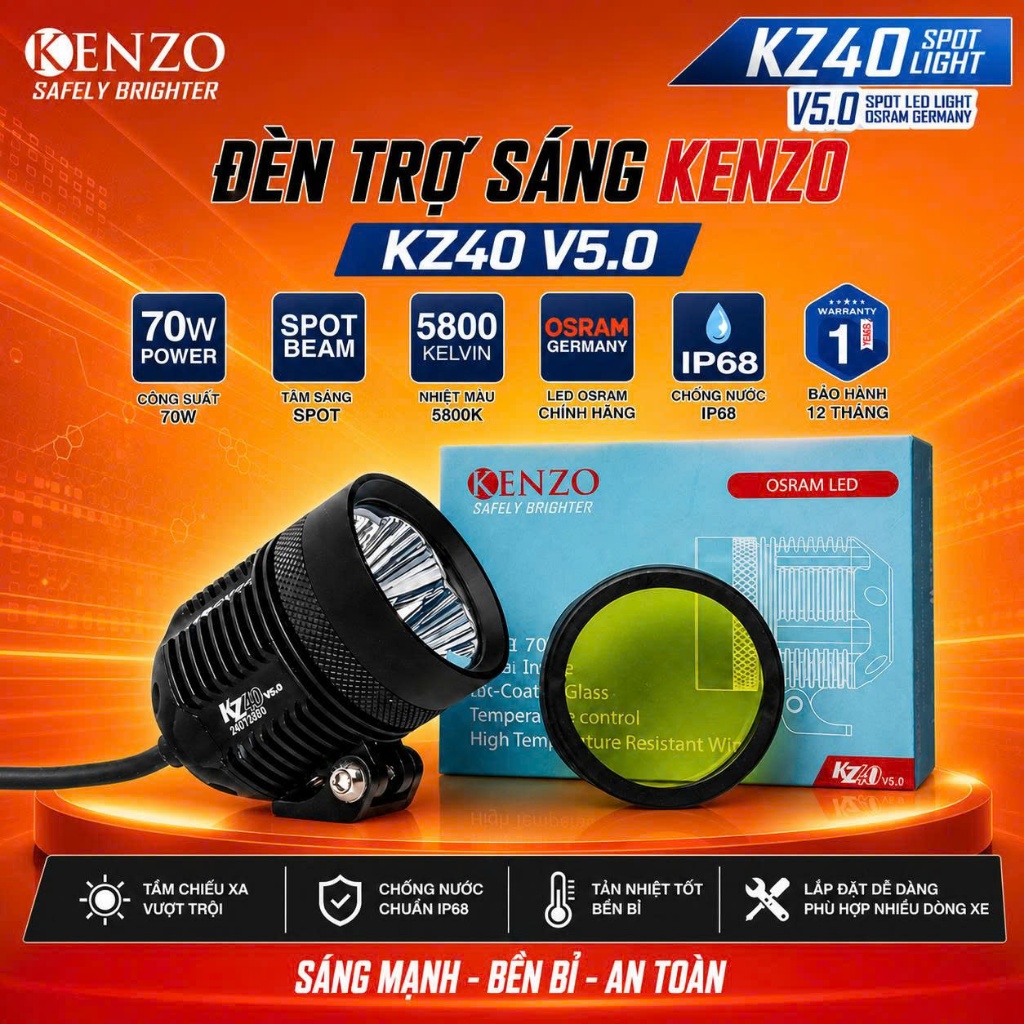 Đèn Trợ Sáng Pha LED Kenzo KZ40 V5.0 - Trợ Sáng Siêu Sáng 70W Thế Hệ Mới  Chính Hãng - Bh 24 Tháng