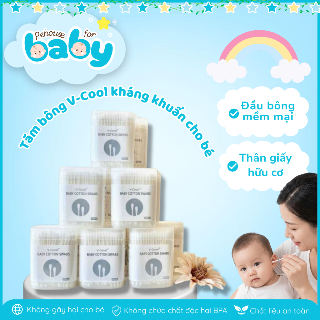 (Combo 5 hộp) Tăm bông V-coool cao cấp, tăm bông cho bé (hộp 200 cái)