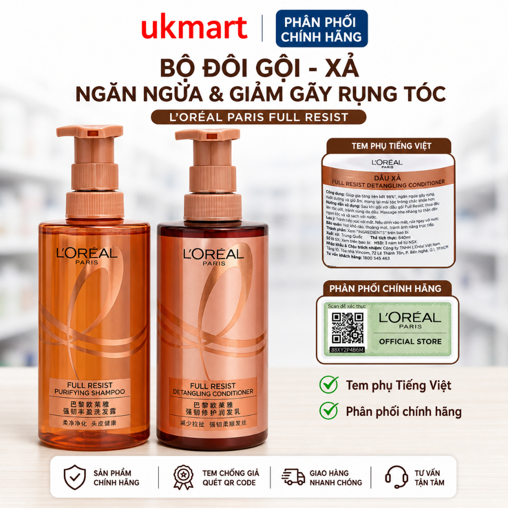 Dầu gội, Dầu xả ngăn ngừa & giảm gãy rụng tóc, giúp tóc chắc khỏe L’oreal Paris Elseve Full Resist
