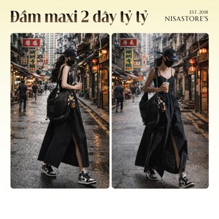 Đầm maxi xòe 2 dây nhún xẻ tà phong cách nữ minh tinh Hong Kong
