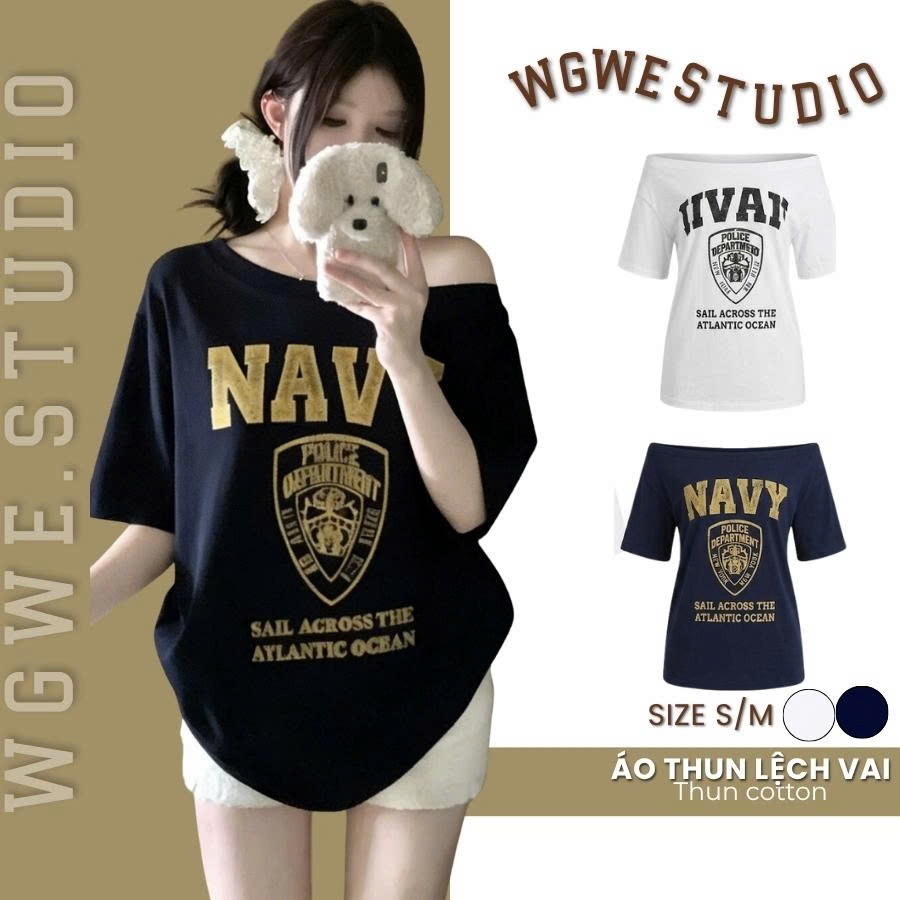 Áo Lệch Vai Nữ WGWE Studio – Áo Thun Form Rộng Tay Ngắn, Style Hàn Quốc Trẻ Trung 9666