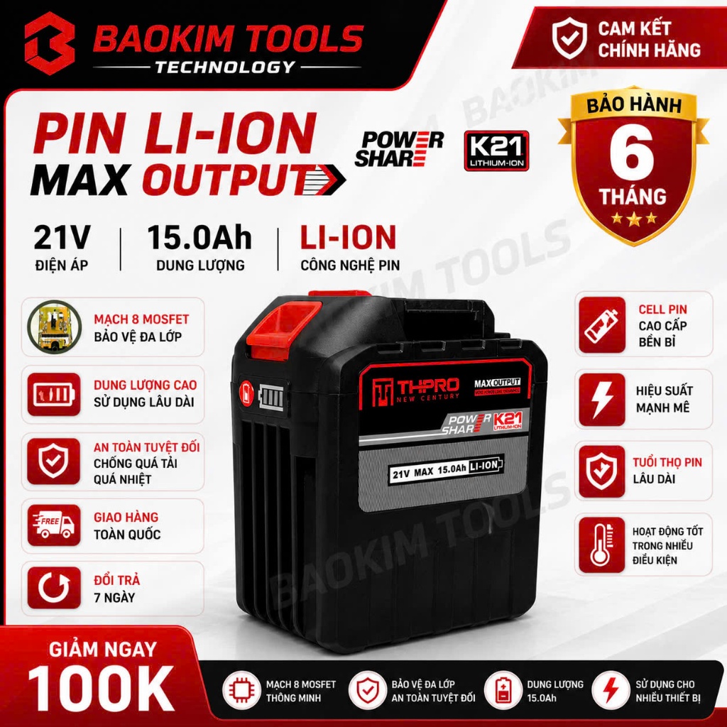 Pin 30 Cell THPRO 21V - 15Ah Dung Lượng Cao, Chân Pin Phổ Thông 4cm, Có Đèn Báo Pin, Mạch 8 mosfet