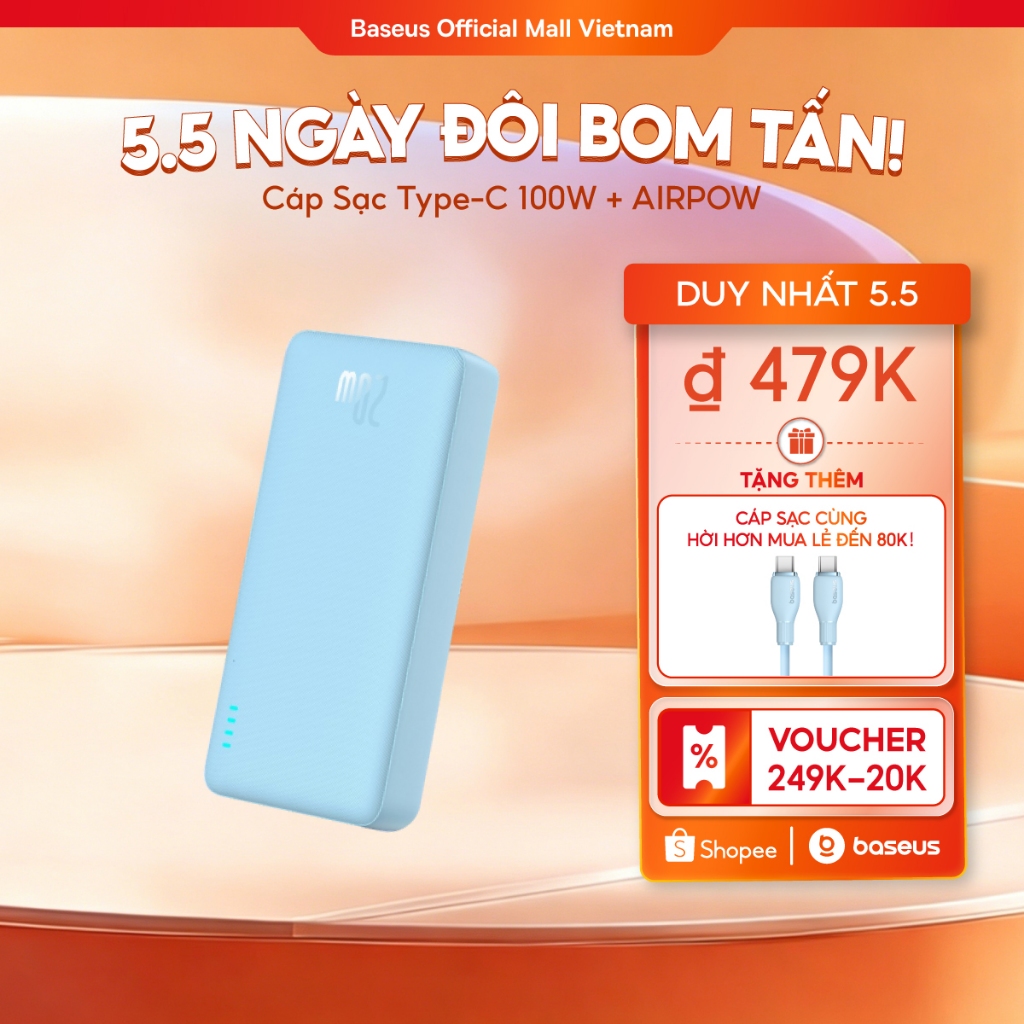 [HCM Hoả tốc] Baseus Sạc Dự Phòng Airpow 20000mAh 10000mAh Sạc Nhanh 20W Với Pin Lithium Polymer