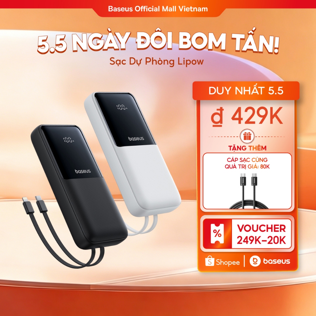 Sạc dự phòng Lipow 10000mAh & 20000mAh 22.5W/15W sạc nhanh tích hợp cáp tiện dụng