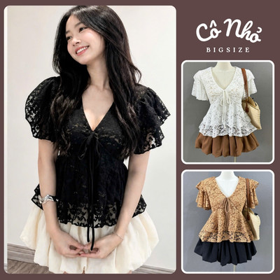 Set Bộ Bigsize Nữ Áo Ren Peplum Mix Chân Váy Bí Tiểu Thư Sang Chảnh Bộ Hè Chubby A353+CV413