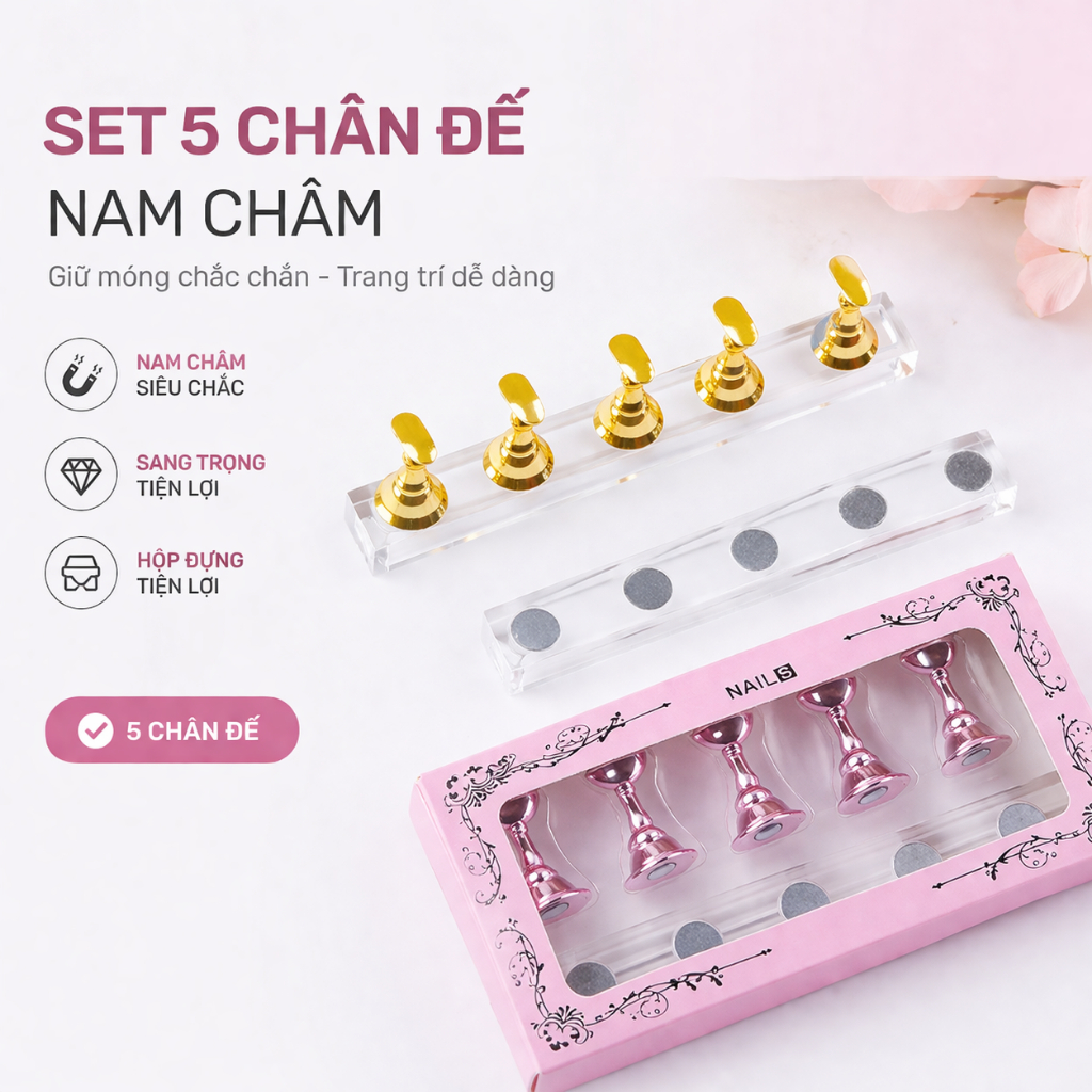 Set Đế Tập Móng Nam Châm 5 Chân – Giá Đỡ Trưng Bày Nail Tip Đính Đá Cao Cấp