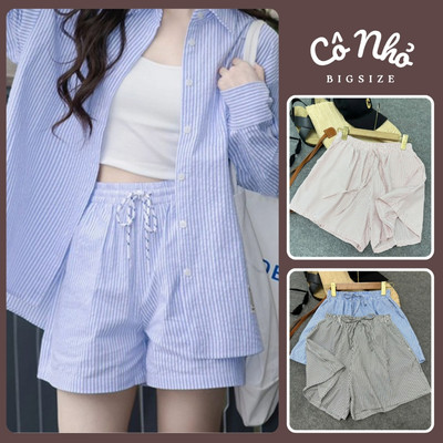 Quần Đùi Bigsize Nữ Kẻ Sọc Ống Rộng Đi Biển Cạp Chun Phối Dây Rút Cá Tính Cho Chubby Q537