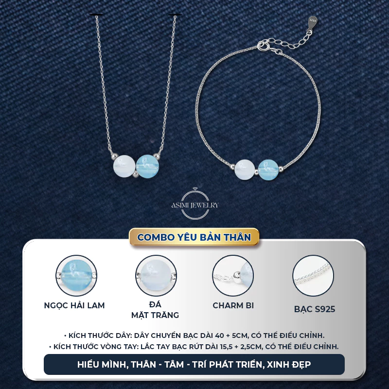 Combo Lắc tay & Dây chuyền bạc Ý Đôi Đá Năng Lượng Asimi Duo Gem Soul LT55DC75 2