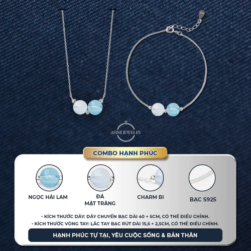Combo Lắc tay & Dây chuyền bạc Ý Đôi Đá Năng Lượng Asimi Duo Gem Soul LT55DC75 - đeo trên mẫu