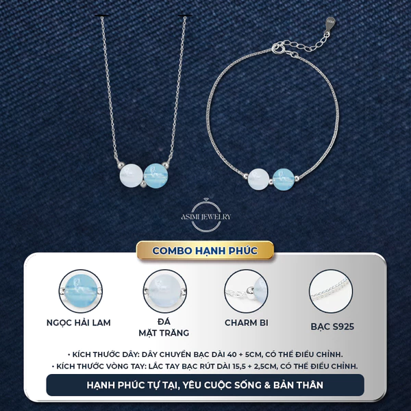 Combo Lắc tay & Dây chuyền bạc Ý Đôi Đá Năng Lượng Asimi Duo Gem Soul LT55DC75 - đeo trên mẫu