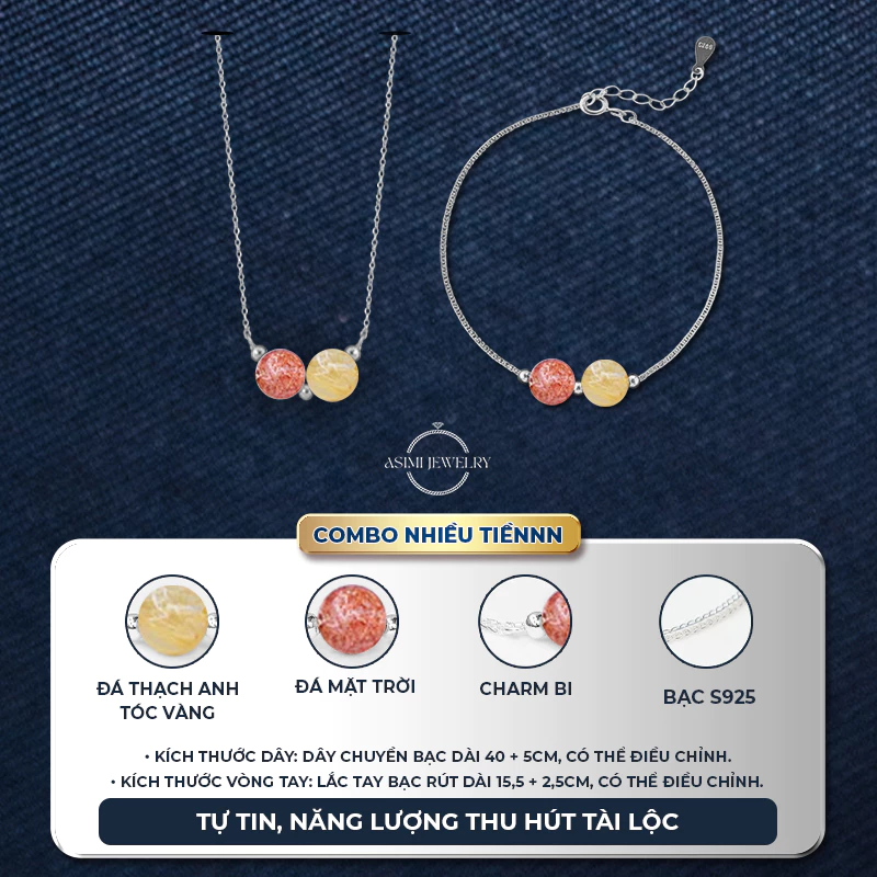 Combo Lắc tay & Dây chuyền bạc Ý Đôi Đá Năng Lượng Asimi Duo Gem Soul LT55DC75 7