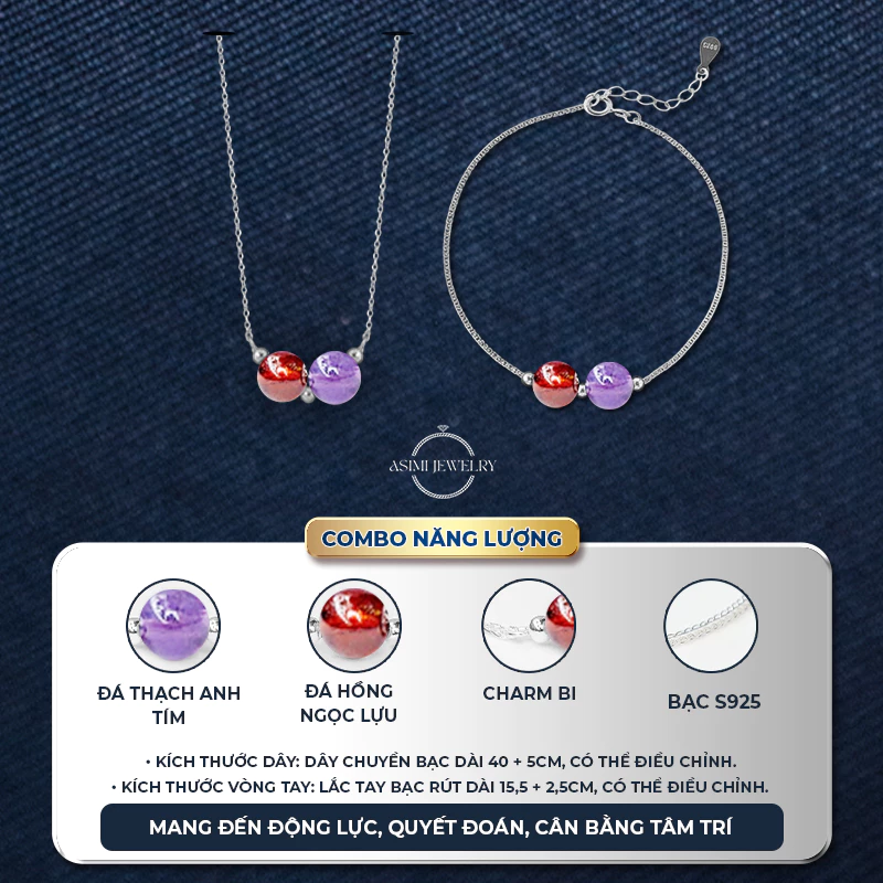 Combo Lắc tay & Dây chuyền bạc Ý Đôi Đá Năng Lượng Asimi Duo Gem Soul LT55DC75 6