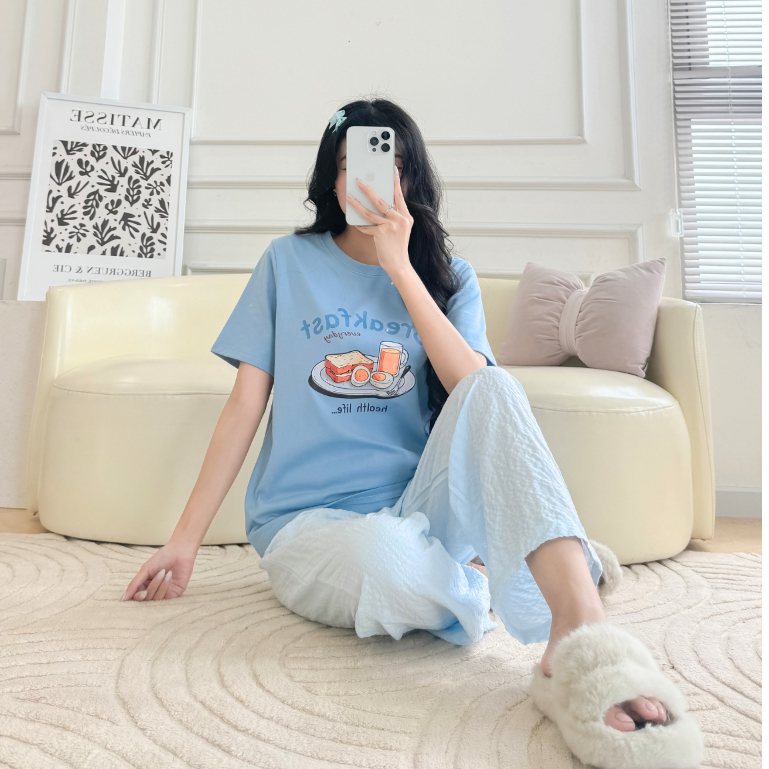 Đồ bộ mặc nhà Áo cotton, Quần dài TRơn ống suông rũ cotton hàn mềm mại - NEONVN set đồ bộ mùa hè mặc
