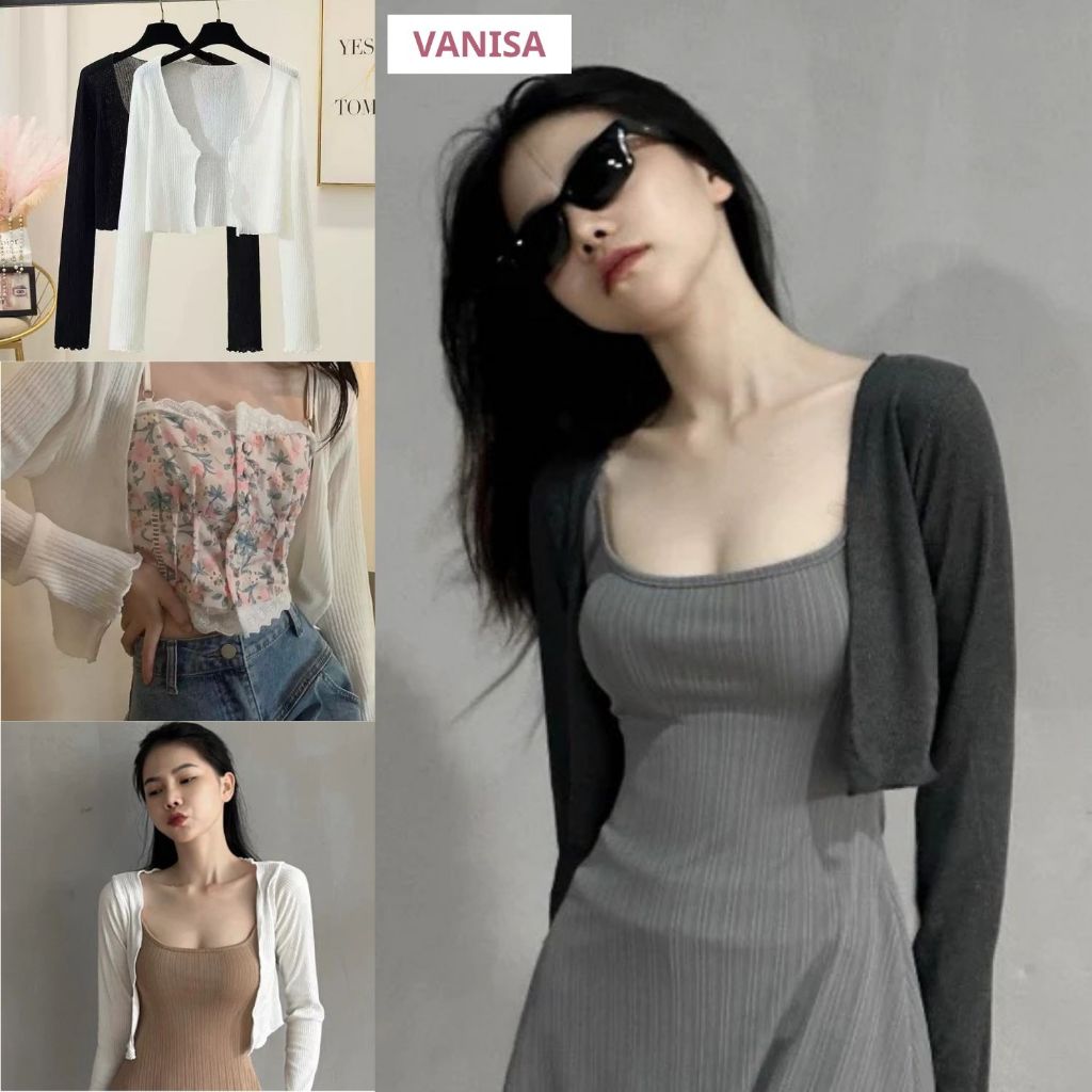 Áo cardigan croptop nữ dài tay co giãn đen trắng xinh VANISA CDG02