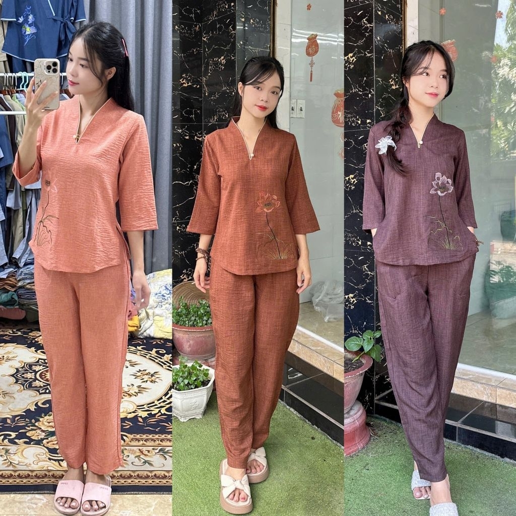 Nút ngọc vân mây set đồ bộ nữ vải co giãn nhẹ không nhăn có thêu