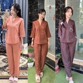 Nút ngọc vân mây set đồ bộ nữ vải co giãn nhẹ không nhăn có thêu