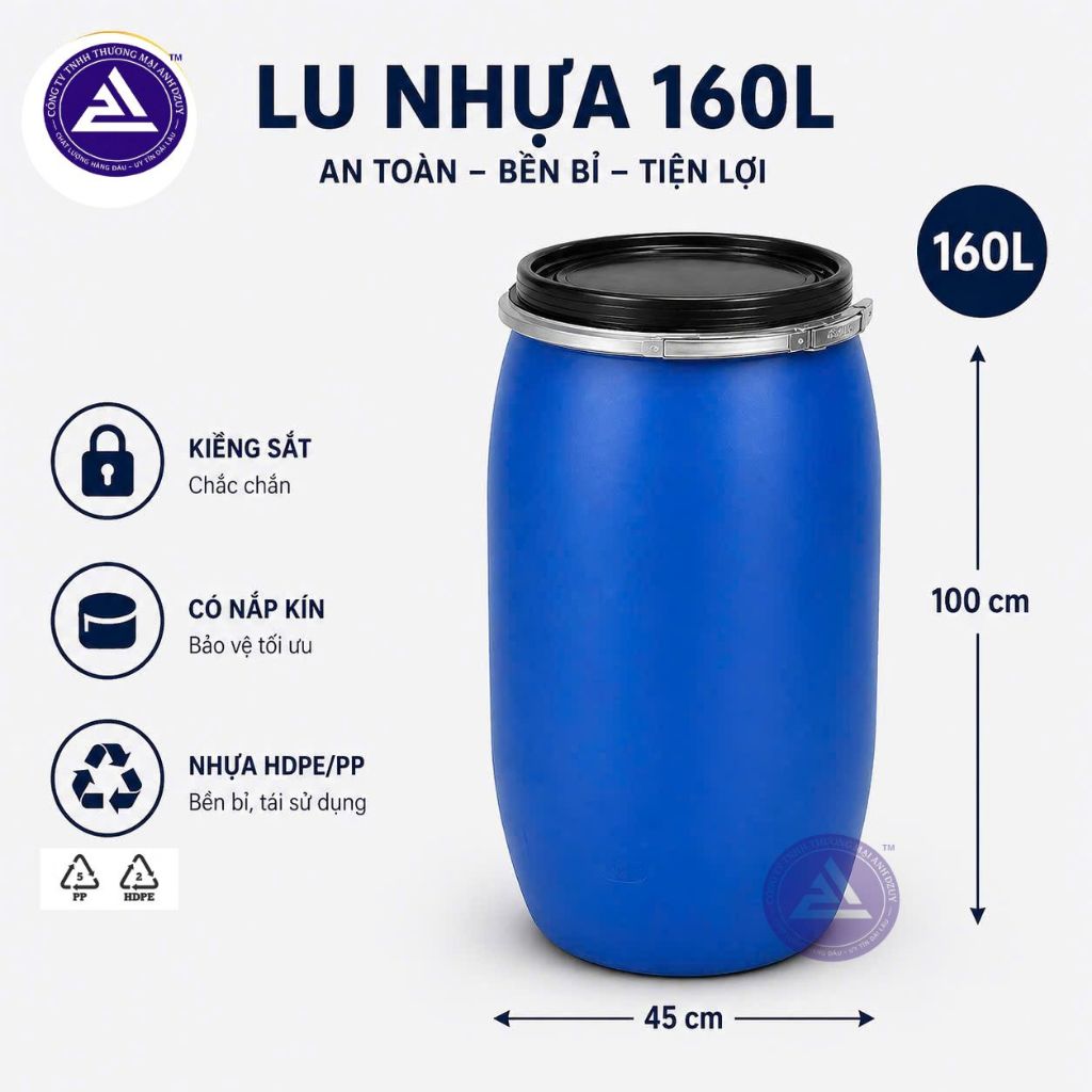 [Hỏa Tốc] Thùng Phi Nhựa 160L HDPE Lu 160 Lít Sạch Đựng Nước Không Hóa Chất Bền Rẻ - Kèm Nắp Kiềng