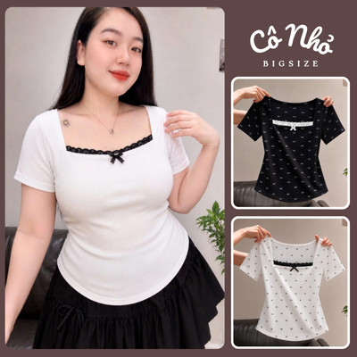 Áo Thun Bigsize Nữ Tay Ngắn Cổ Vuông Phối Ren Dễ Thương Vải Thun Gân Co Giãn G173