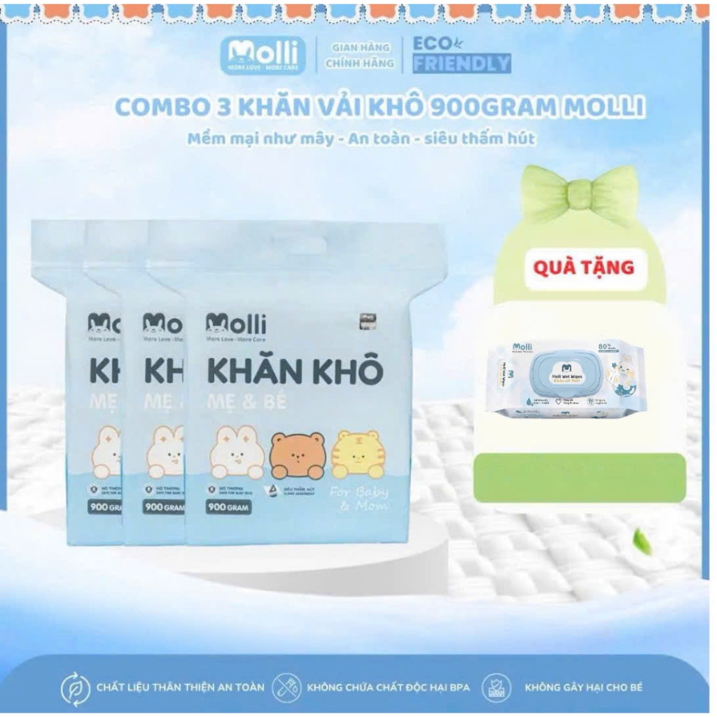 COMBO  TÚI KHĂN KHÔ ĐA NĂNG MOLLI 900GR TẶNG KÈM  GÓI KHĂN ƯỚT 80 TỜ MOLLI