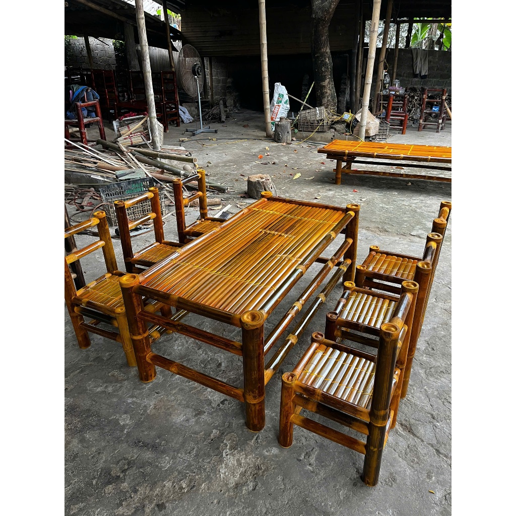 Bàn ghế tre 1 bàn 6 ghế tựa - Kích thước bàn 60X120 cao 50, ghế 30X30 cao 60