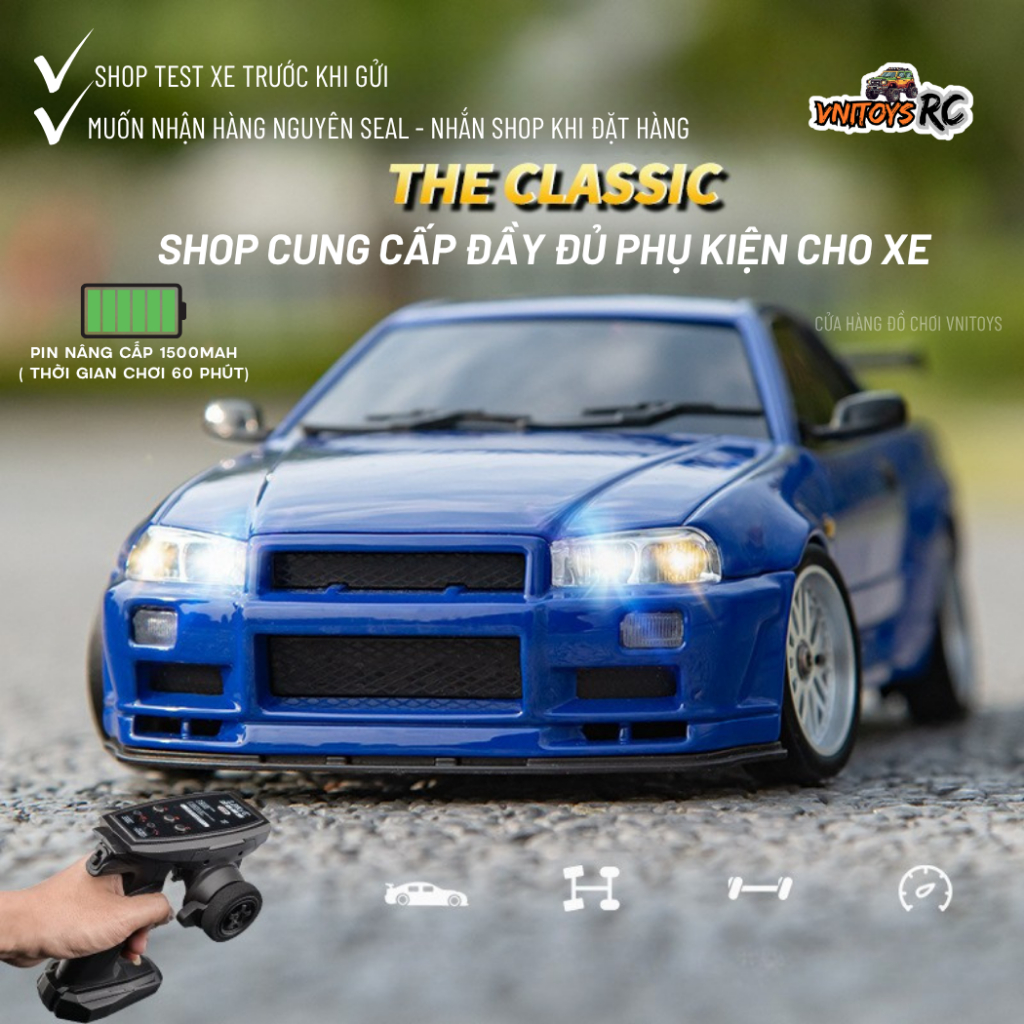 Xe Drift Điều Khiển Từ Xa VNITOYS LD1899 1898 Nissan GT-R R34 – Hợp Kim,servo,Gyro Cân Bằng,1/16