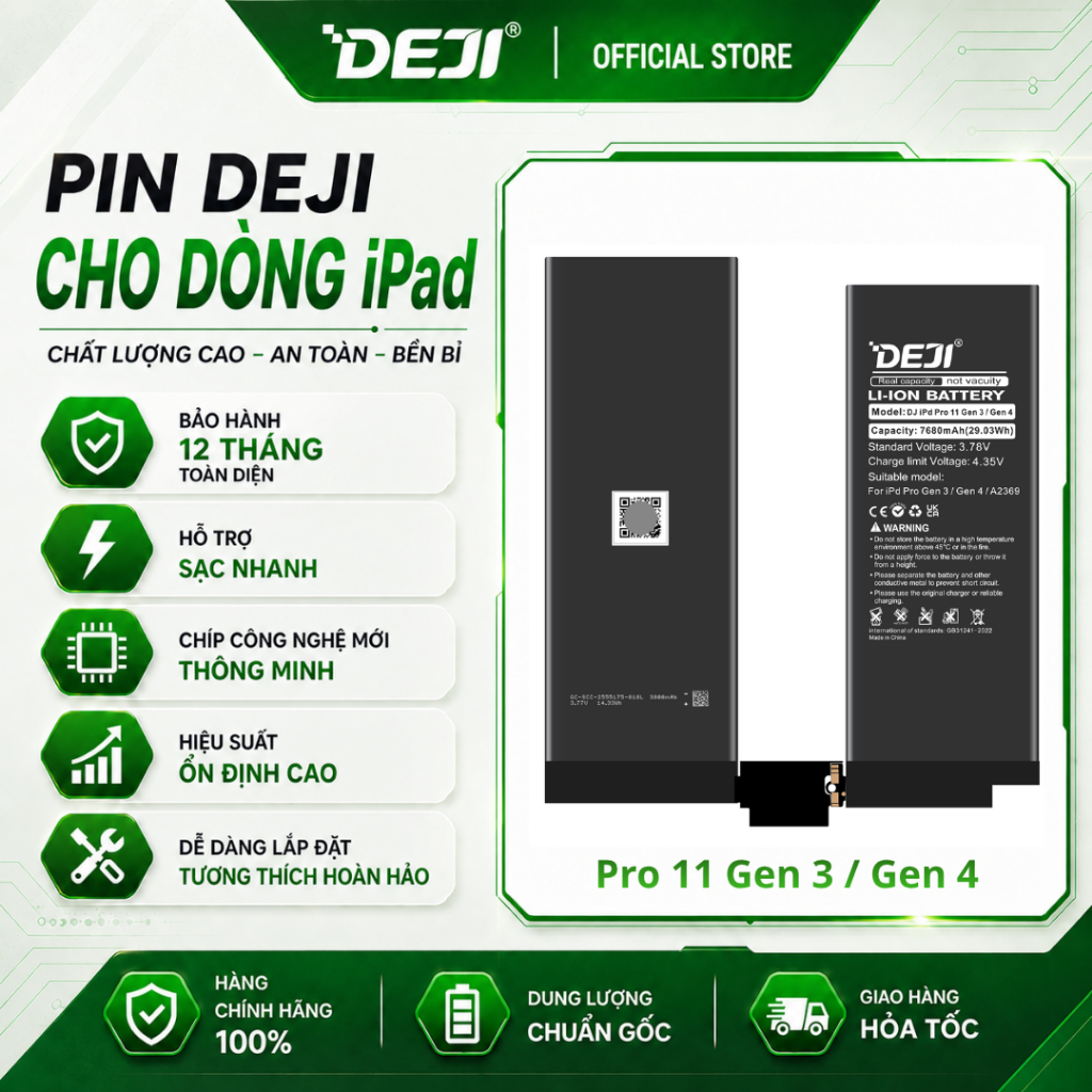 Pin Deji Dành Cho iPad Pro 11 Gen 3/4 / Pro M1/M2 (7680mAh) | Model A2369 | A2377