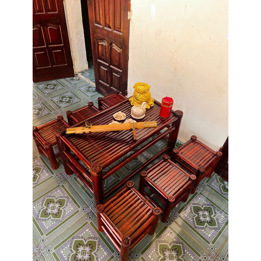 Bàn ghế tre 1 bàn 6 ghế đôn - Kích thước bàn 60X120 cao 50, ghế 30X30X30