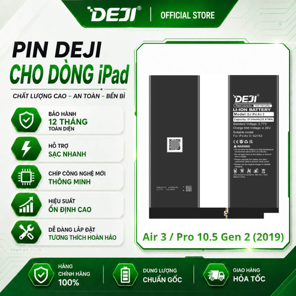 Pin Deji Dành Cho iPad Air 3 / Pro 10.5 Gen 2 (8134mAh) | Model A2134 | A2123 | A2152 | A2153 | A215
