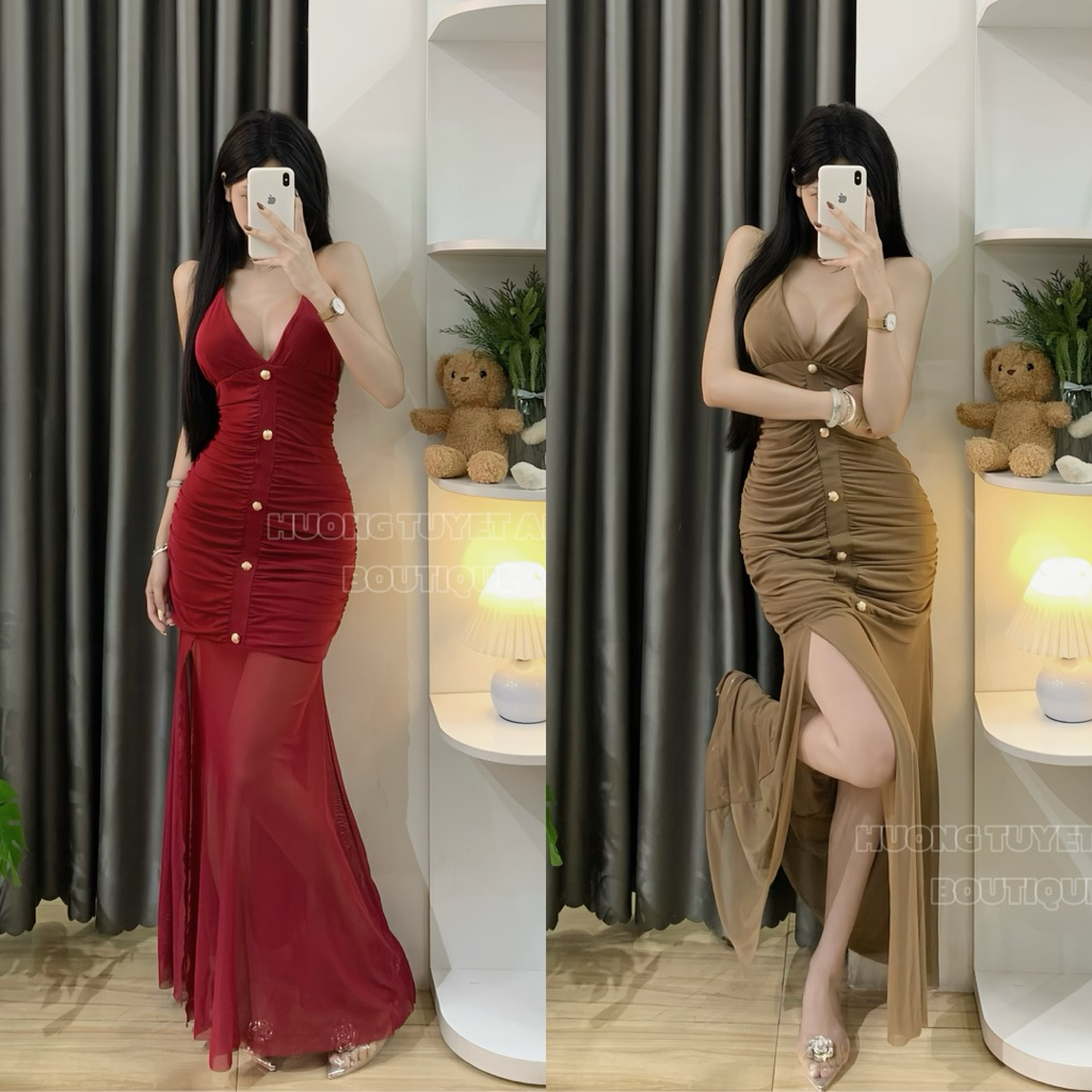 | Hta.boutique | Đầm body 2 dây xẻ tà đùi nhún eo tôn dáng quyến rũ đính cúc