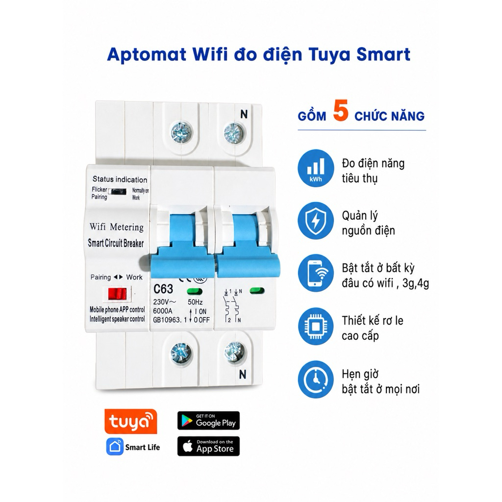 Aptomat Cầu Dao Tổng Điều Khiển Qua WIFI. ZIGBEE Tuya Có Đo Công Suất Tiêu Thụ Điện 63A/40A