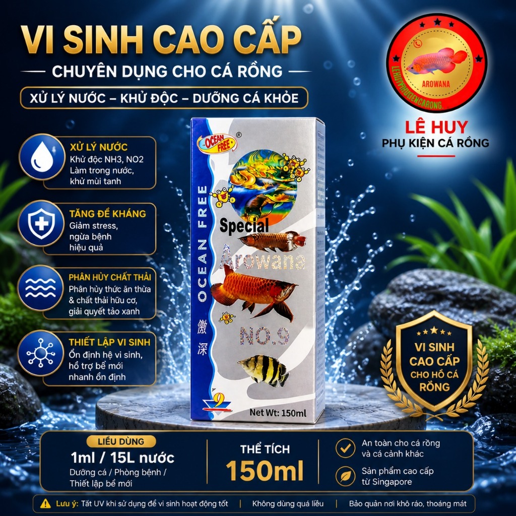 Vi Sinh Cá Rồng Ocean Free / Qian Hu No.9 150ml – Xử Lý Nước, Khử Độc NH3 NO2, Dưỡng Cá Khỏe