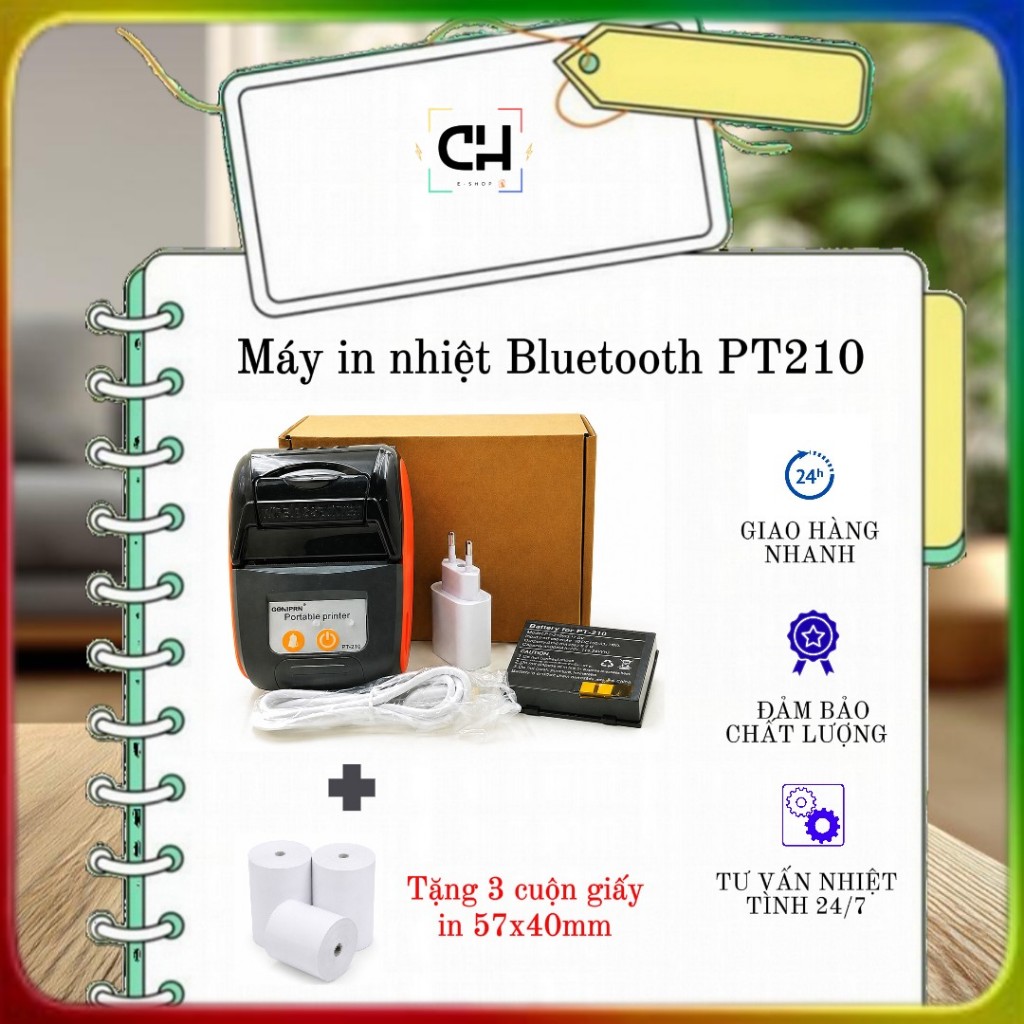 Máy in nhiệt Bluetooth mini PT210 - Máy in tem nhãn, sticker, bill, hóa đơn cầm tay tặng kèm giấy in
